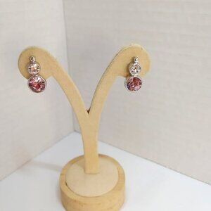 EARRINGS Silver Tone Metal pink Clear Rhinestone Dangle Costume Fashion